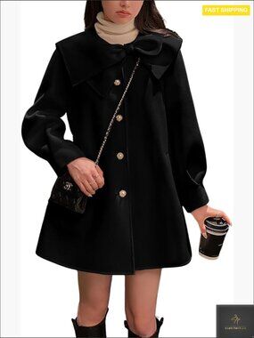 Wool Blend Pea Coat Lapel Collar Bowknot Single Breasted Classic Vintage